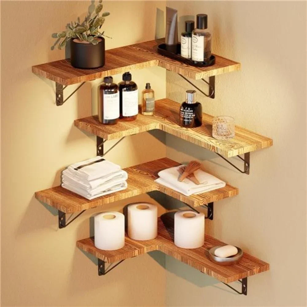 Wood Corner Floating Shelves Set of 4, Wall Mounted Shelves Rustic Brown